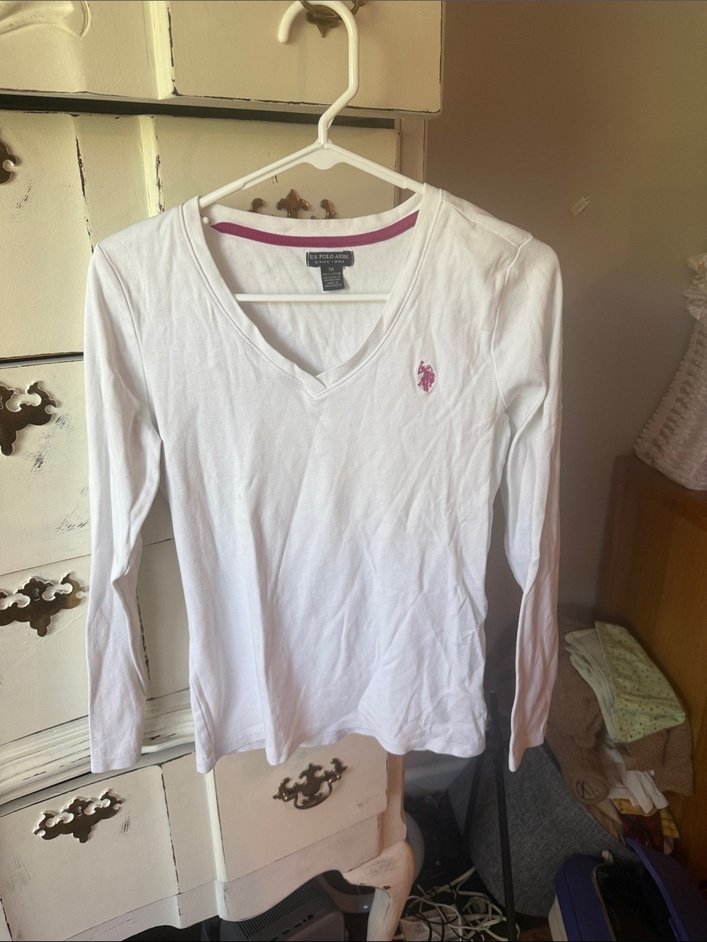 U.S. Polo Assn. White V-Neck Long Sleeve Top with Pink Logo